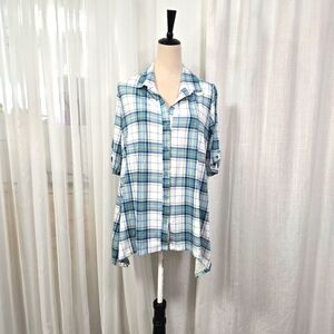 2/$30 Above & Beyond‎ White & Green Plaid Short Sleeve Tunic Size L Super Soft